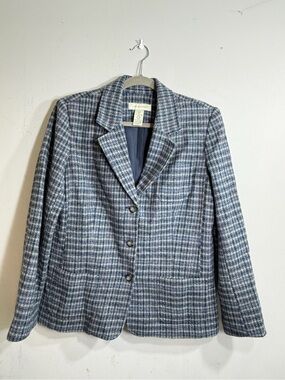 Appleseeds blue plaid tweed wool three button blazer with pockets size 12